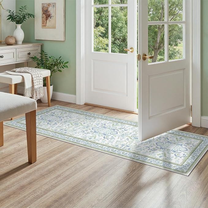DCX Green and Blue Floral 2x8 Runner Rug, Machine Washable - Image 2