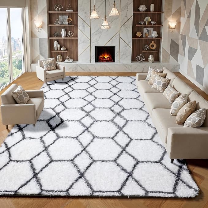 ONASAR 8x10 Area Rugs for Living Room, Fluffy White and Grey Rug for Bedroom by ONASAR