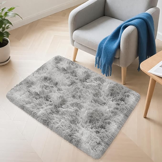 2x3 ft Shaggy Tie Dyed Grey Rug Small, Fluffy Furry Area Rugs - Image 7
