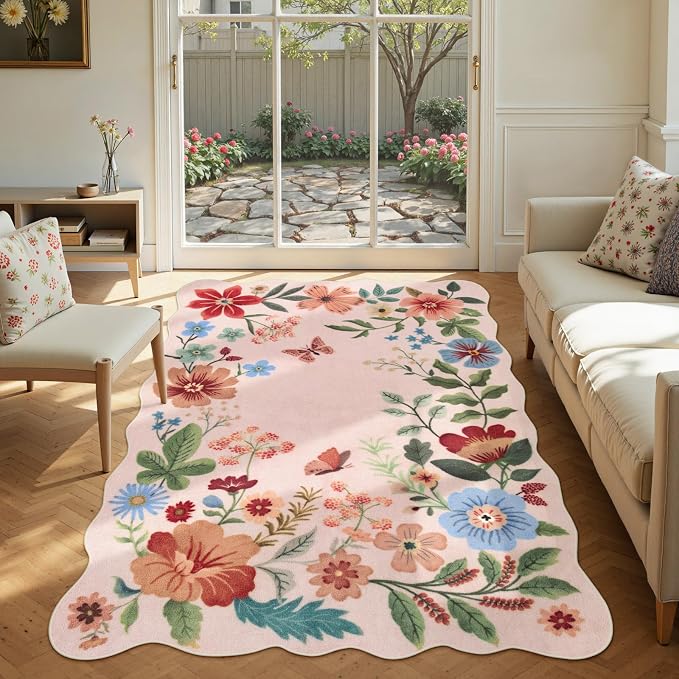 Lahome Floral Washable Rugs, 4X6 Pink Rugs by Lahome