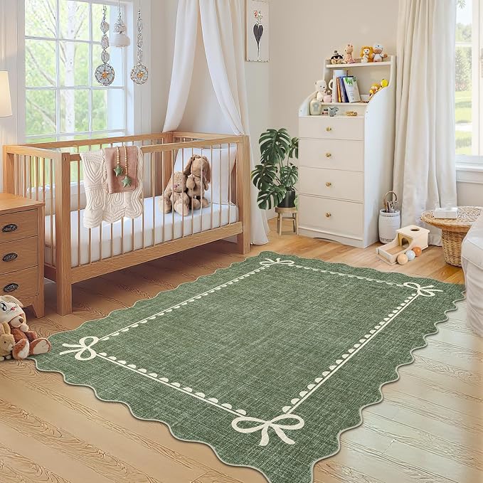 GarveeHome Scalloped Bow Rug for Living Room, Solid Green Rug for Dorm - Image 3