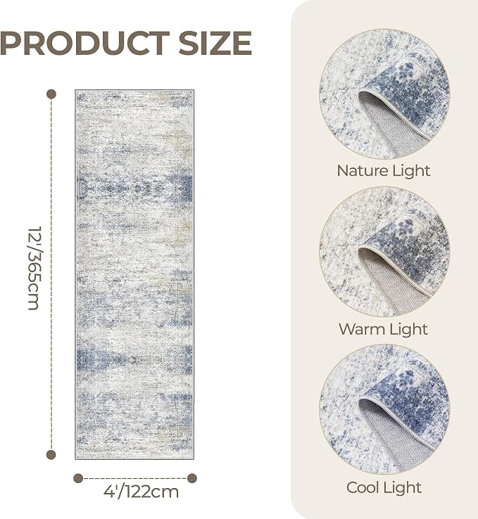 4x12 Runner Rug for Hallway, Low-Pile Wide Runner for Entryway, Long Washable - Image 2