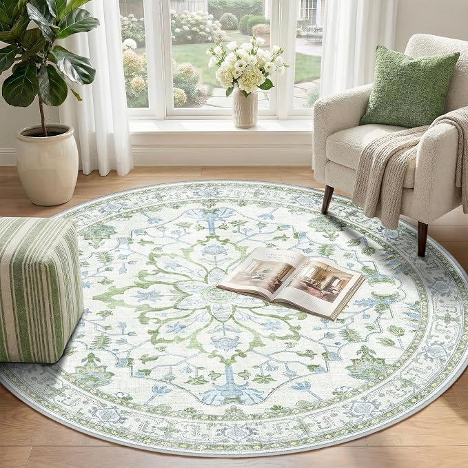 RELEANY Area Rugs Round 4ft Washable Non-Slip, Floral Vintage Distress - Image 2