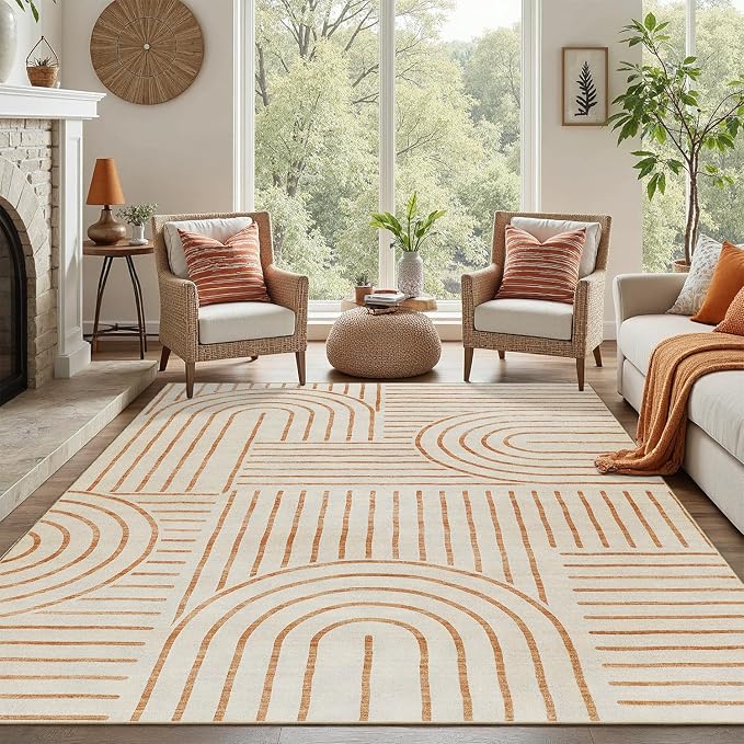 DCX Beige Machine Washable Area Rug 9x12, Midcentury Modern Non Slip Stain - Image 3