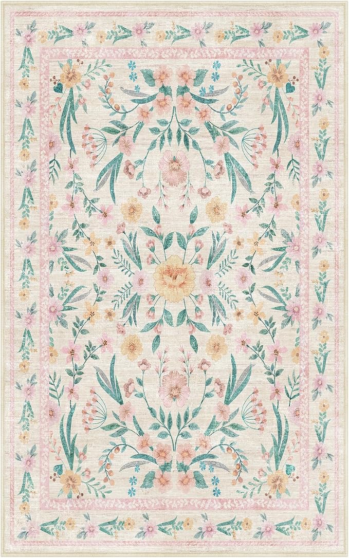5x8 Pink Floral Nursery Rug – Washable Non-Slip Soft Carpet, Cute Boho Area Rug - Image 7
