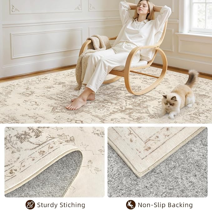 10x12 Area Rug for Living Room: Vintage Boho Neutral Washable Rug Indoor Soft - Image 4