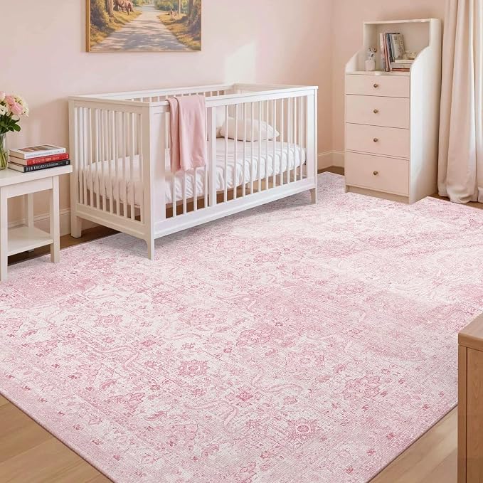 Rugxara Pink Rug for Living Room Bedroom, 5x7 Area Rugs Washable Vintage Floral by Rugxara