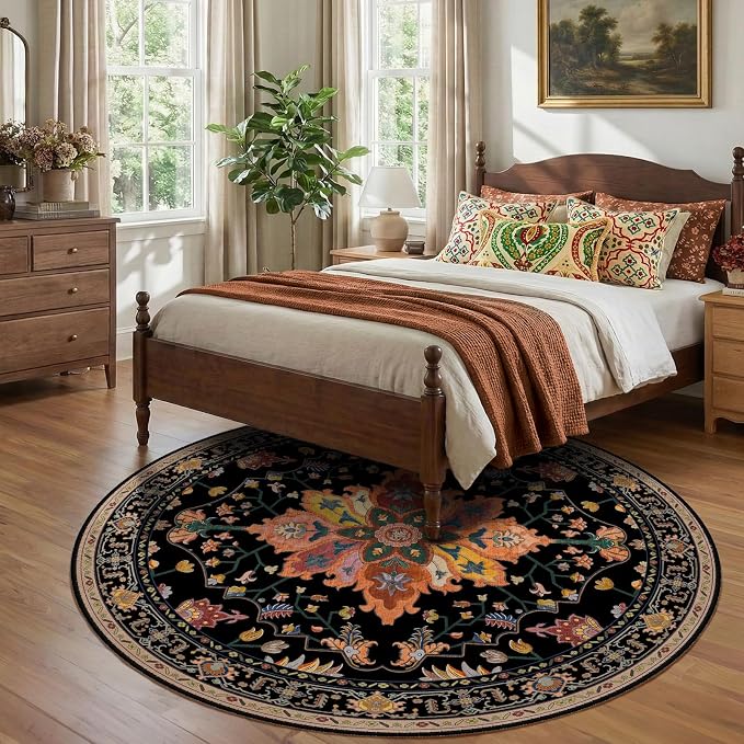 RELEANY Area Rugs Round 8ft Washable Non-Slip, Floral Vintage Distress - Image 3