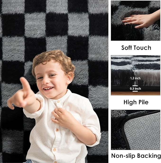 KICMOR Checkered Rugs for Living Room 5x8 Black and Grey, Fluffy Fuzzy Plush - Image 2