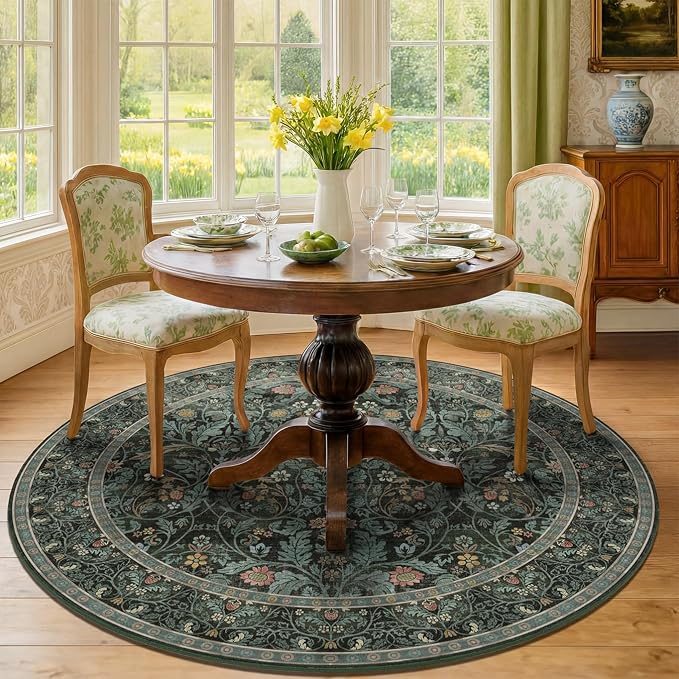Dark Green 6ft Round Rugs for Living Room, Botanical Floral Washable Circle by Evyhood
