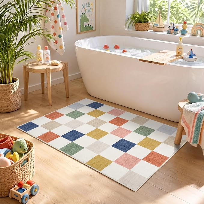 GarveeHome Checkered Colorful Rainbow Small 2x3 Washable Rug Door Mat Geometric - Image 3