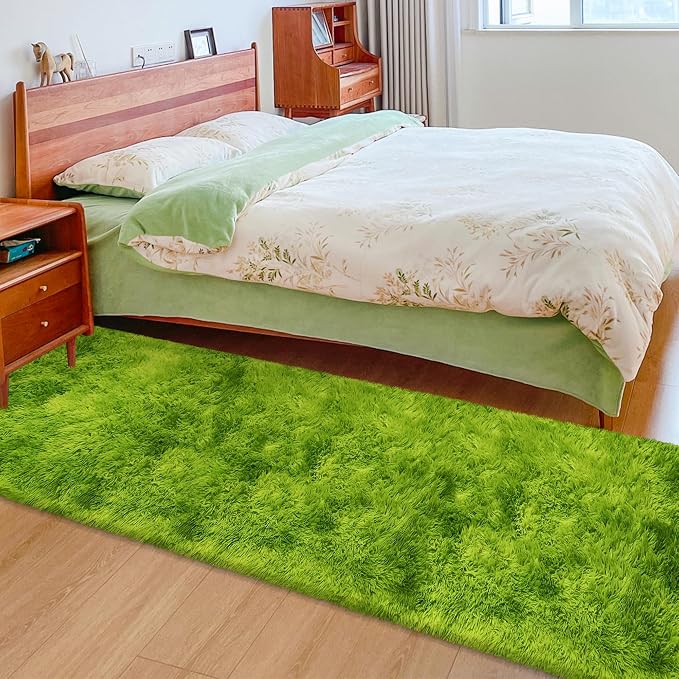 Grass Green Tie Dyed Rug 2x8 ft Plush High Pile Shag Carpet Fluffy Soft Runner - Image 2