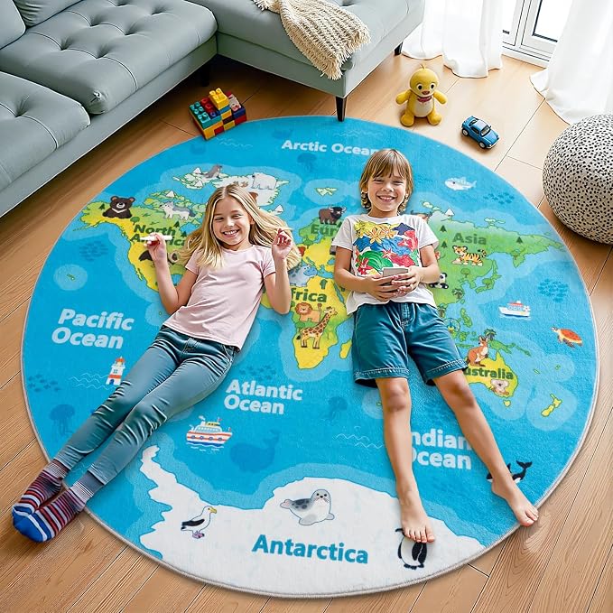 Kids Playroom Rug, 4x4ft Round World Map Play Mat - Image 5