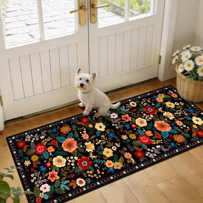 RELEANY Floral 2x5 Area Rugs Washable Print Boho Cute Carpet Non Slip Flower by RELEANY