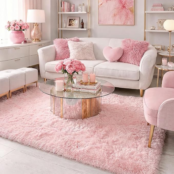 Light Pink Area Rugs for Bedroom Girls, Living Room Decor, Fluffy Fuzzy Plush - Image 9