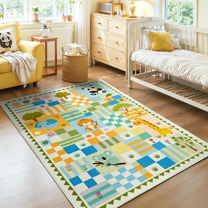 3x4 Washable Kid Playroom Rug, Unisex Green Safari Jungle Woodland Animal - Image 9