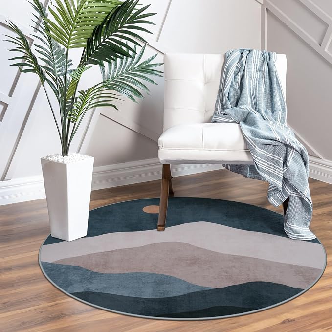 3ft Abstract Round Rug, Boho Washable Non-Slip Mountain Rugs by Sungea