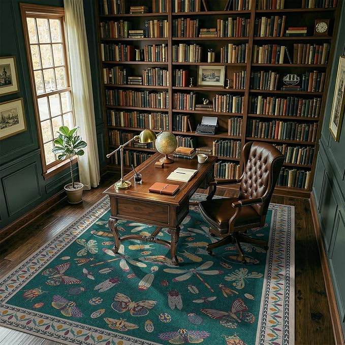 DCX 4x6 Washable Insect Rug, Vintage Gothic Deep Teal Rug - Image 4