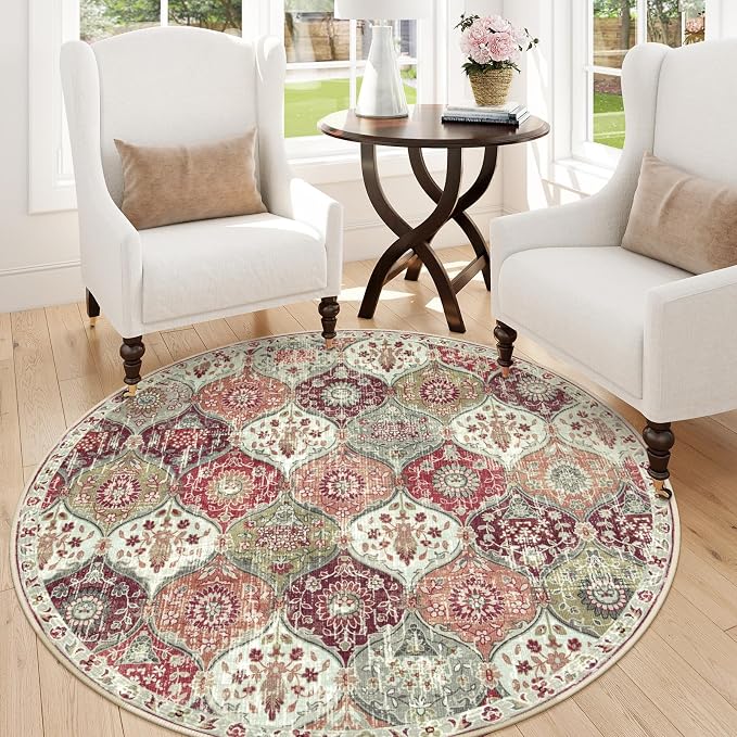 Lahome Moroccan Trellis Round Area Rugs, Washable Small Round Rug 3ft Non-Slip by Lahome