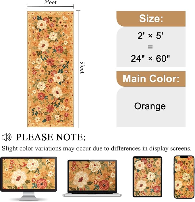 DUKINO 2x5 Runner Rug for Hallway, Washable Kitchen Floral Runner Rug - Image 2