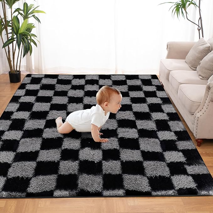 Super Soft Rug for Bedroom, 5x7 Ft Grey and Black Area Rug Classic Checkered by TOOHUB
