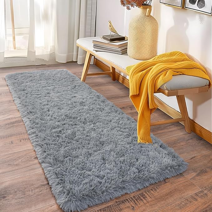 Soft Runner Rugs for Bedroom Hallways, 2 Packs 2x6 Grey Fluffy Shag Throw Area - Image 2