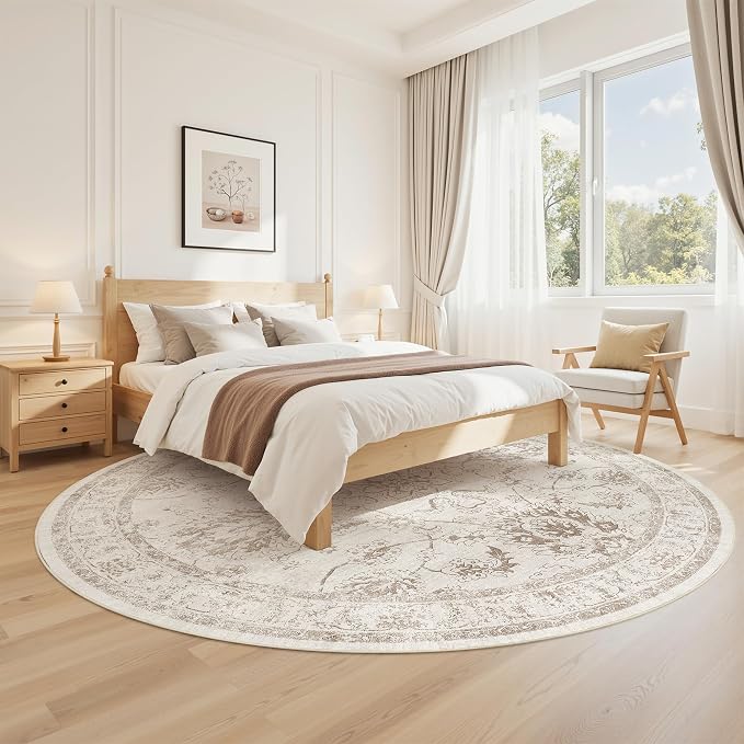 Madane Washable Round Rug 8ft for Living Room, Soft Ultra-Thin Non-Slip Vintage - Image 3