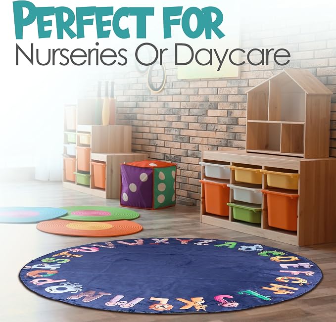 ABC Alphabet Rug for Kids – 6 ft Round Blue Play Mat for Toddlers & Babies - Image 9