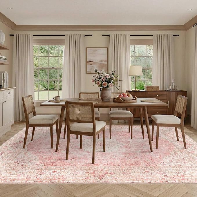 Latte&Fog Pink Area Rugs 8x10, Vintage Cute Large Washeble Rugs - Image 4