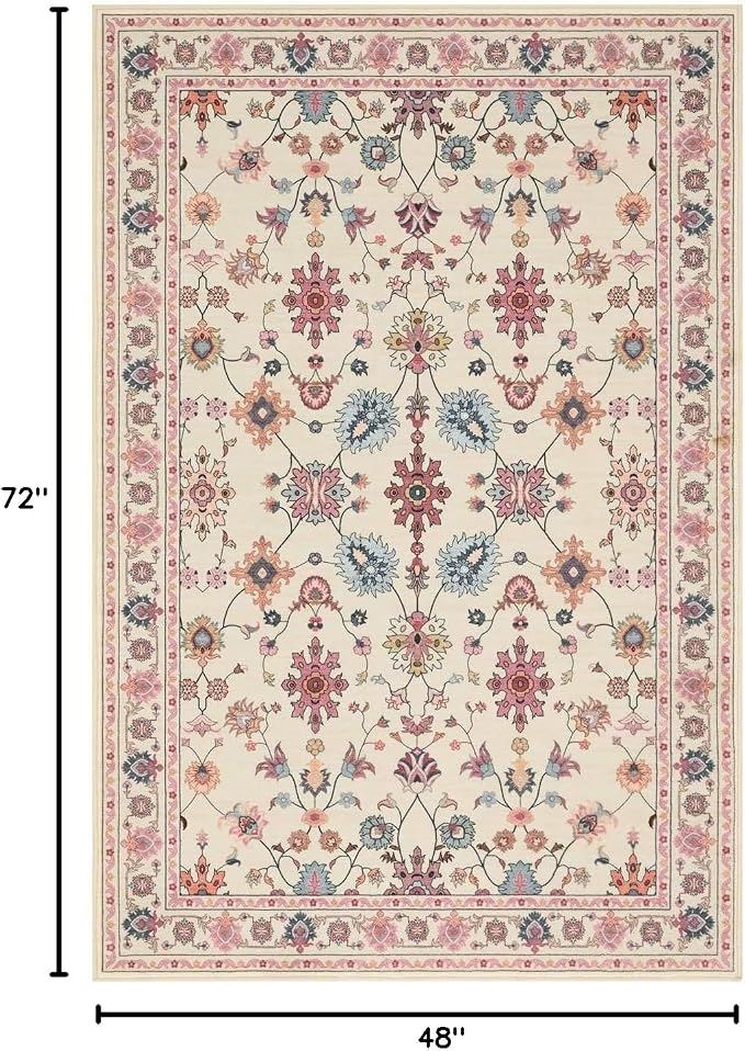 Rugxara Pink Rug for Living Room Bedroom, Floral 4x6 Washable Rug, Vintage Boho - Image 2
