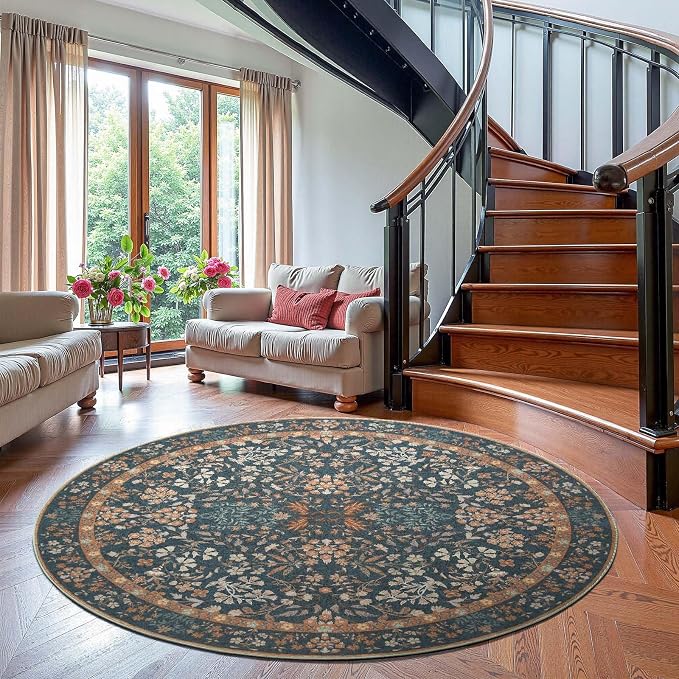 jinchan Zenith Round Rug 6ft Area Rug Soft 6'Round Vintage Floral Rug Non-Slip - Image 2