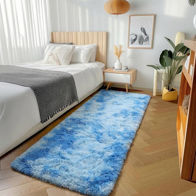 ONASAR Runner Rugs for Bedroom Living Room, Fluffy Tie-Dyed Blue 2x6 Bedside - Image 4