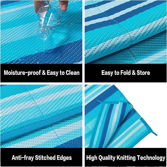 Outdoor Plastic Straw Rug Waterproof Patio 6x9 Blue Teal Stripe Mat - Image 7