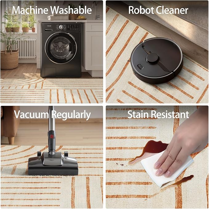 DCX Beige Machine Washable Area Rug 9x12, Midcentury Modern Non Slip Stain - Image 7