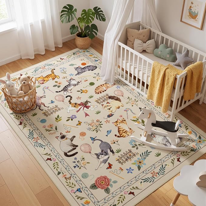 Unirea 3x5 Beige Cat Area Rug for Entryway Kitchen, Medium Washable Kids Rug - Image 3