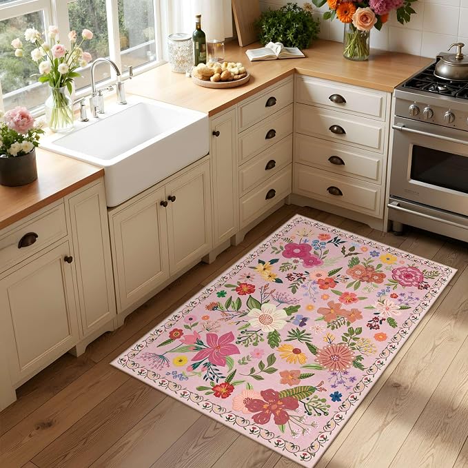 Latte&Fog Floral Entryway Area Rug, 2x3 Washable Pink Rugs - Image 4