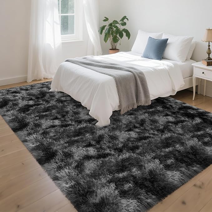 Soft Fluffy Plush Area Rug for Bedroom Living Room, 5x8 Tie-Dyed Grey and Black - Image 3