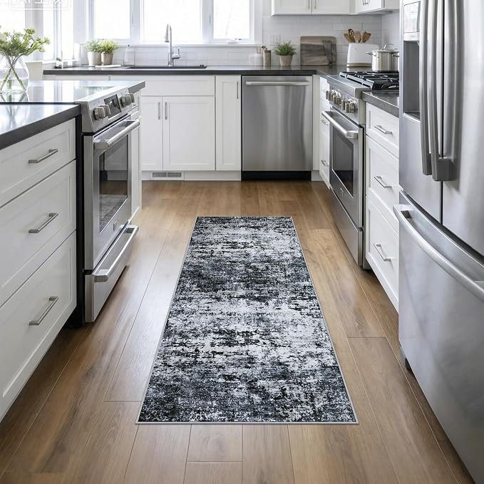 2'x6' Runner Rug Washable Rug: Modern Abstract Soft Thin Runner Rug Black by FXRHLP