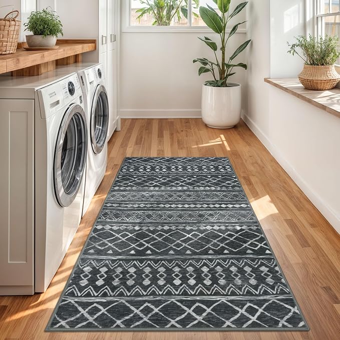 KUTA 3x5 Entryway Rug, Dark Grey Beige Non-Slip Washable Low-Pile Boho Moroccan - Image 3