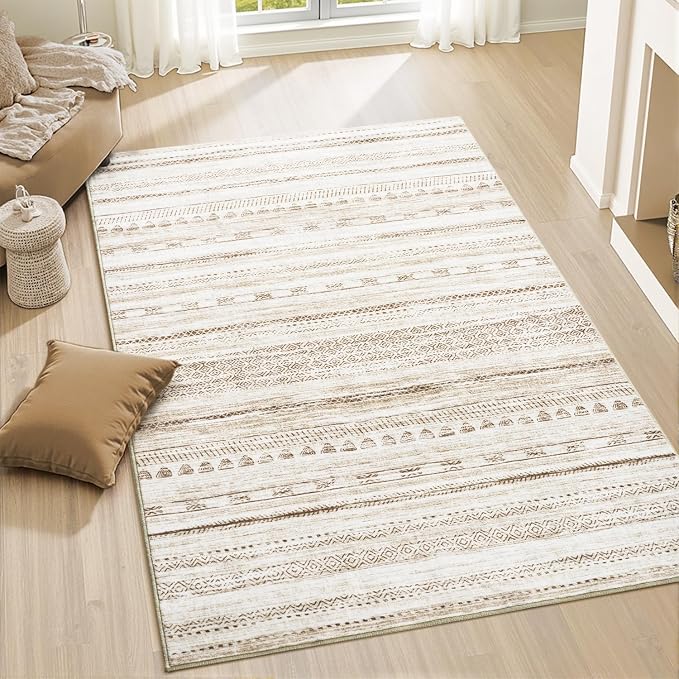 3x5 Area Rug Machine Washable Non Slip Rug Distressed Neutral Moroccan Boho Rug by Tchdio