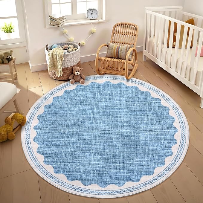 GarveeHome Scalloped Blue 6ft Round Rug Washable Non-Slip Soft Ultra-Thin Small - Image 2