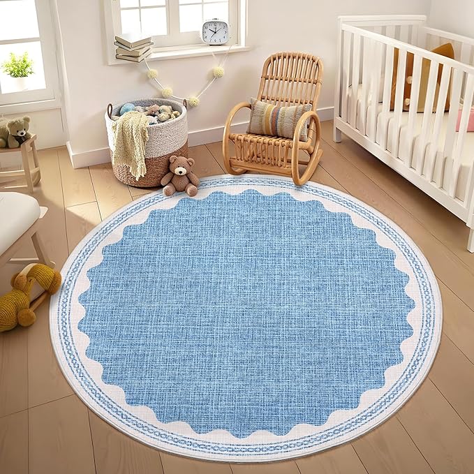 GarveeHome Scalloped Blue 4ft Round Rug Washable Non-Slip Soft Ultra-Thin Small by GarveeHome