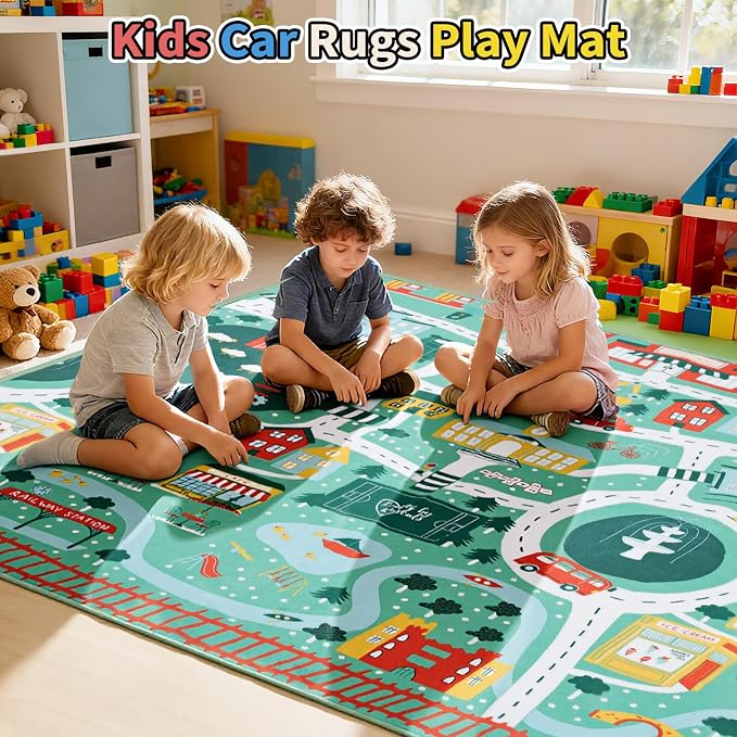 UKISS Educational Play Rug，55"x55" Traffic Road Kids Car Mat, Non-Slip Washable - Image 4