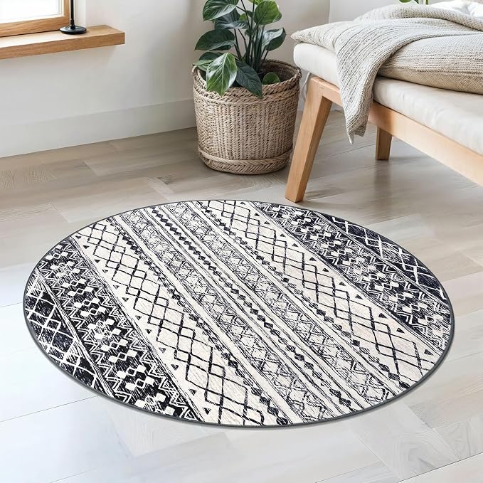 KUTA Round Washable Rug 3Ft Boho Black Navy Blue Entryway Rugs, Moroccan Foyer - Image 2
