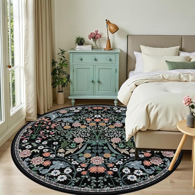 Round Area Rug for Living Room: 8 ft Floral Washable Circle Rug Soft Boho - Image 2