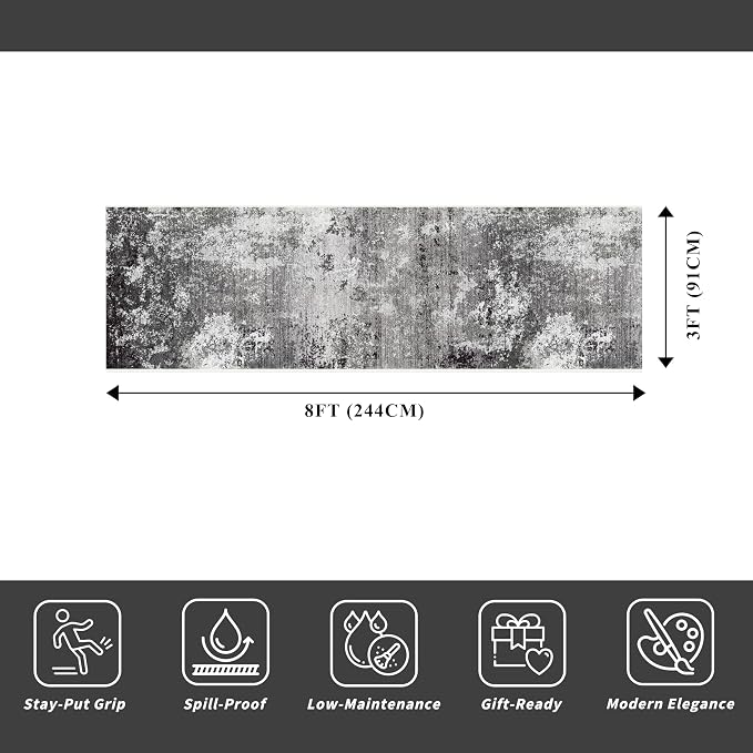 3x8 Washable Hallway Runner Non-Slip Abstract Modern Neutral Wide Carpet Runner - Image 2