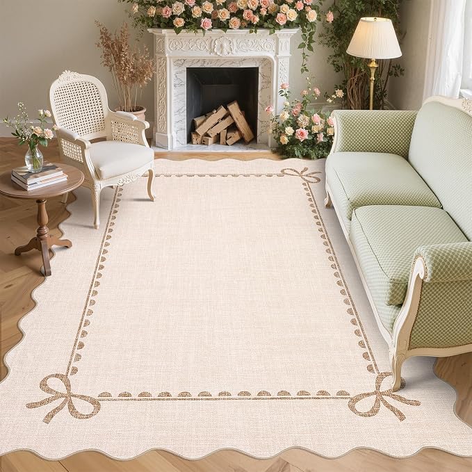 GarveeHome Scalloped Bow Rug for Living Room, Solid Beige Rug for Dorm by GarveeHome