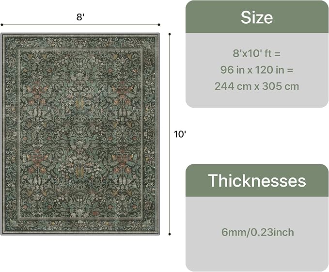 GENIMO 8x10 Washable Area Rug, Non-Slip Vintage Boho Floral Carpet, Large Area - Image 2