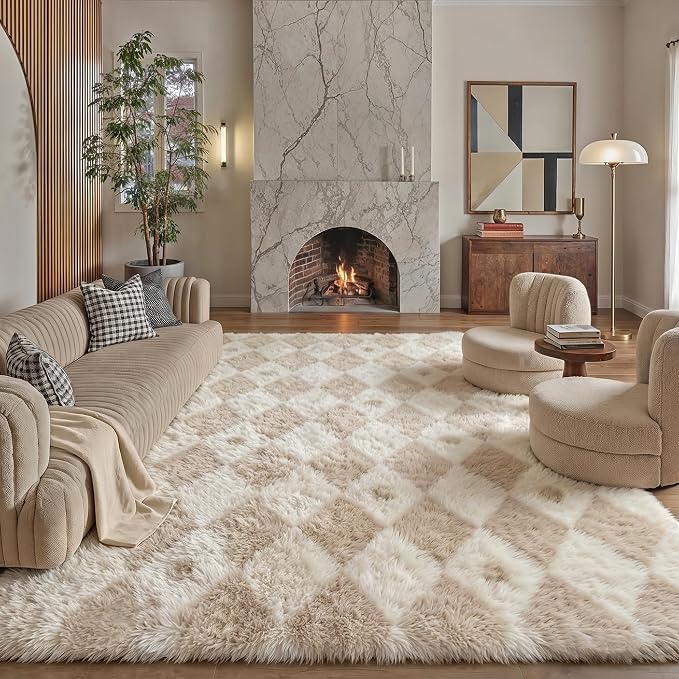 PureCozy Checkered Rug 9x12 Fluffy Shag Living Room Beige Area Rug Modern by PureCozy