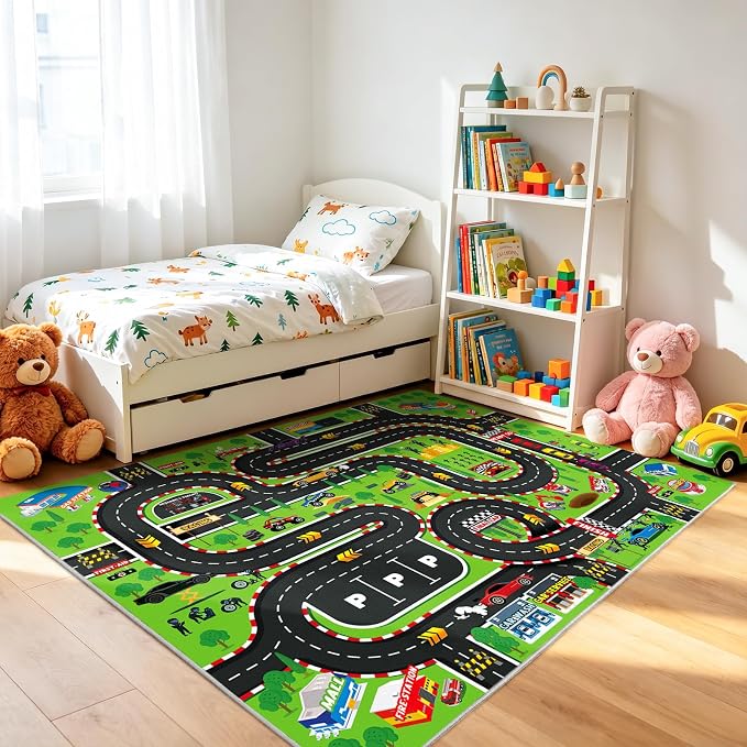Kids Room Rug 5x7 Ft, Washable Soft Race Track Road Rug, Non-Slip Educational - Image 4